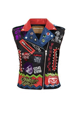 Colorful Montage Spiked Studwork, Men Fashion Patches Leather Outfit, Cannibal Crops Vest Jacket, Punk Rock Suicidal Tendencies Biker Wear,